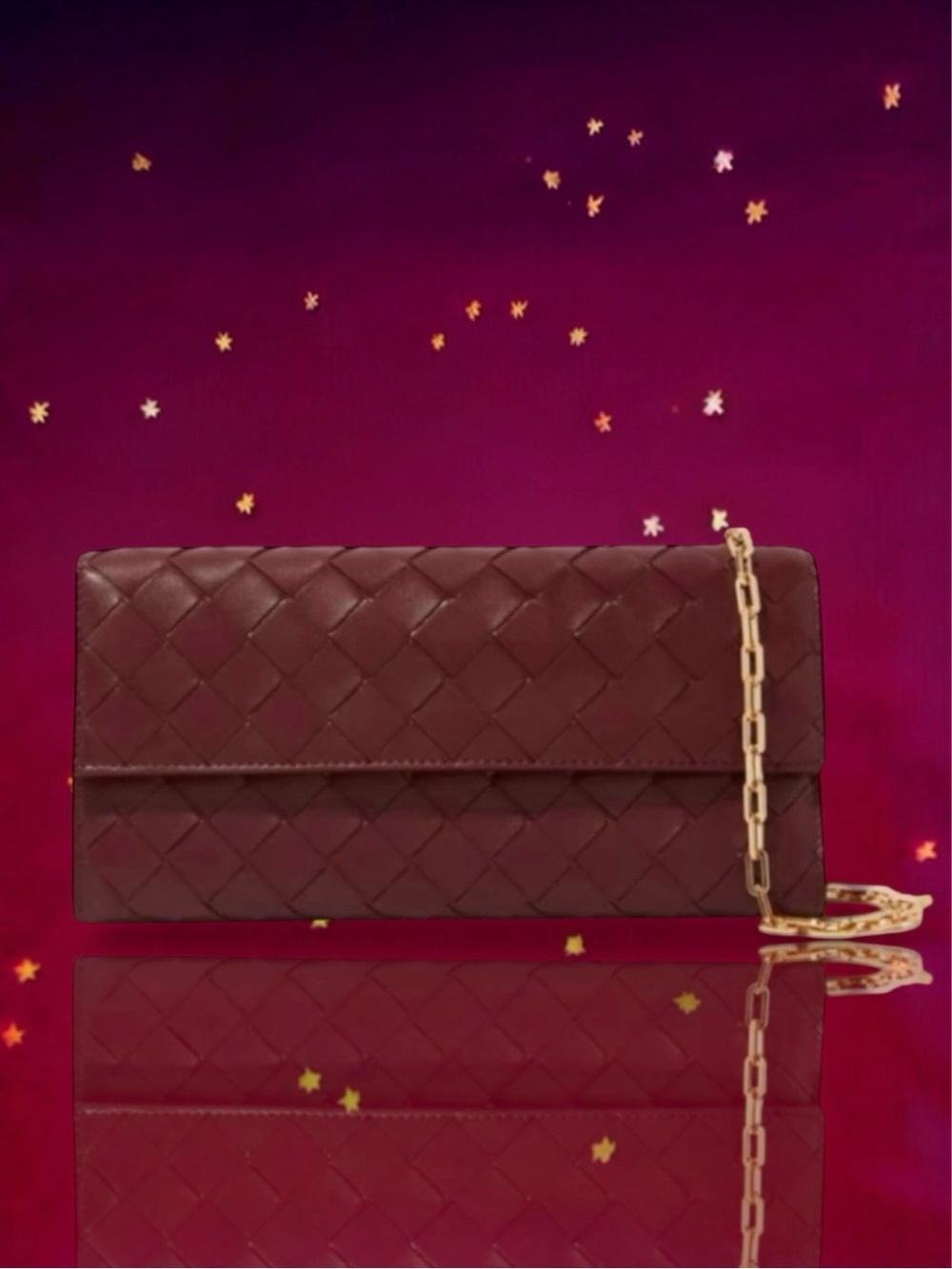 🆕💞BOTTEGA VENETA Wallet on Chain Intrecciato Calfskin Gold-Tone Chain • BAROLO
